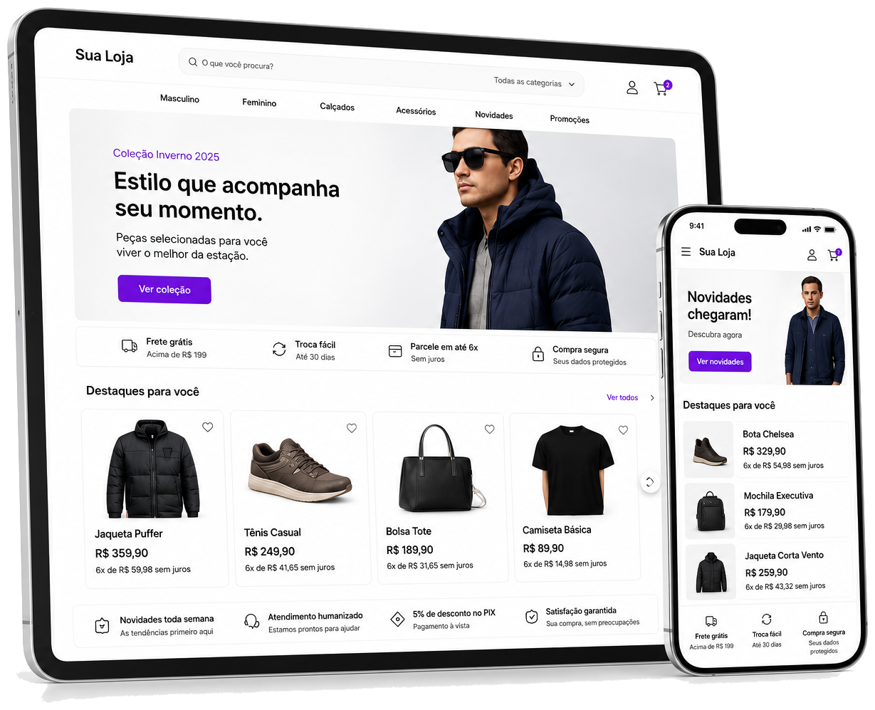 Loja virtual de E‑Commerce em tablet e celular